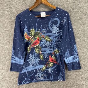 Morning Sun T-Shirt Women M Medium Blue Bird Print Long Sleeve Cotton Casual